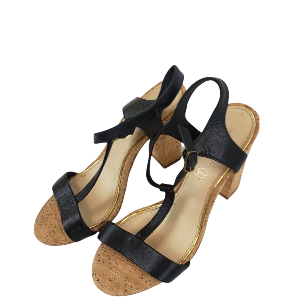Aldo- Genuine Black Leather Ankle Strap 4" Wedge Heeled Sandals Woman's …